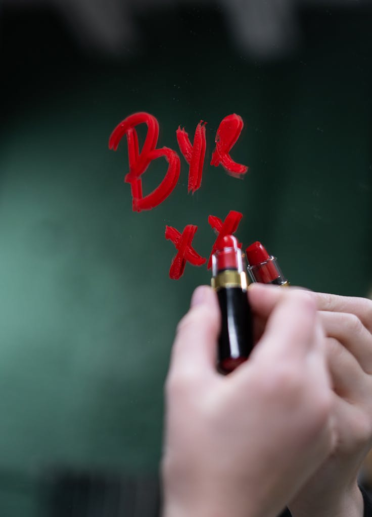 Handwriting 'bye' on a mirror with red lipstick, evoking themes of farewell and emotion. Rewire your brain!